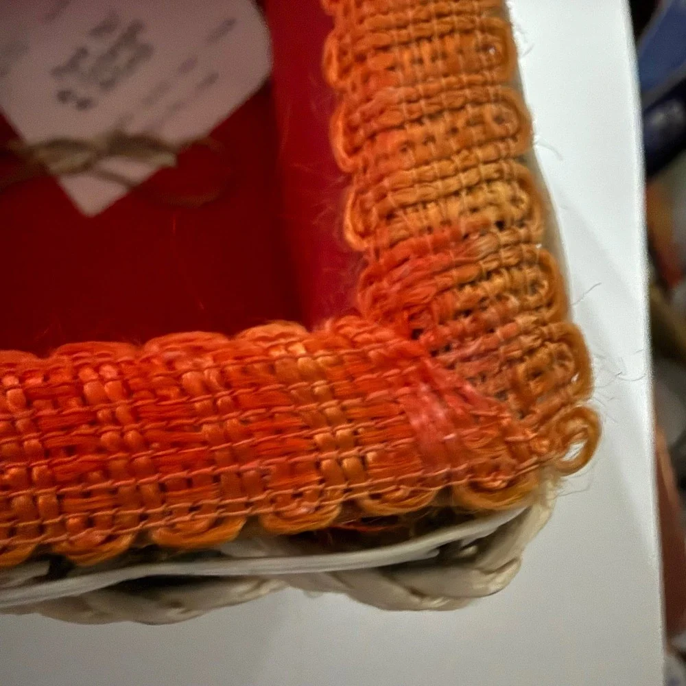 Mid Century Wicker Sewing Basket Floral Fabric Red Satin Lining Cottagecore